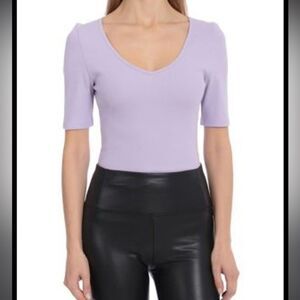 Avec Les Filles Lilac Purple V-Neck Ribbed Knit Short Sleeve Body Suit